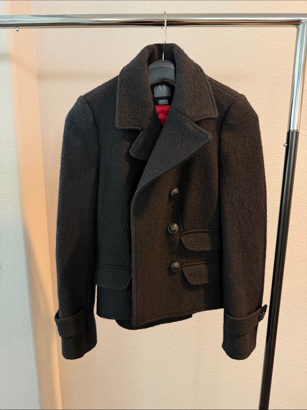 Armani Exchange Black Wool Pea Coat - Classic Double-Breasted Jacket